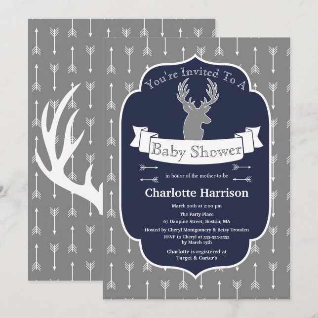Invitación Baby Shower moderno de gris y marines rusos y flec (Anverso / Reverso)