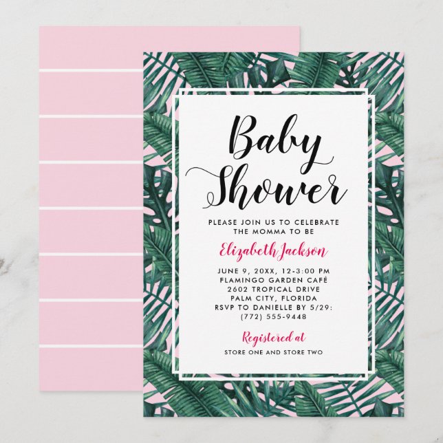 Invitación Baby Shower Moderno de Hoja de Palma Tropical Rosa (Anverso / Reverso)