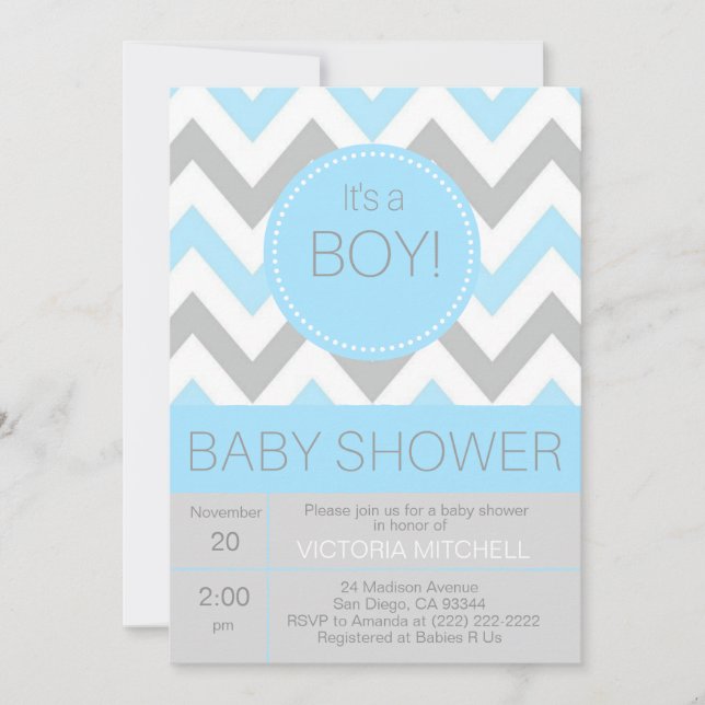 Invitación Baby Shower moderno de 'It's a Boy' de Chevron azu (Anverso)