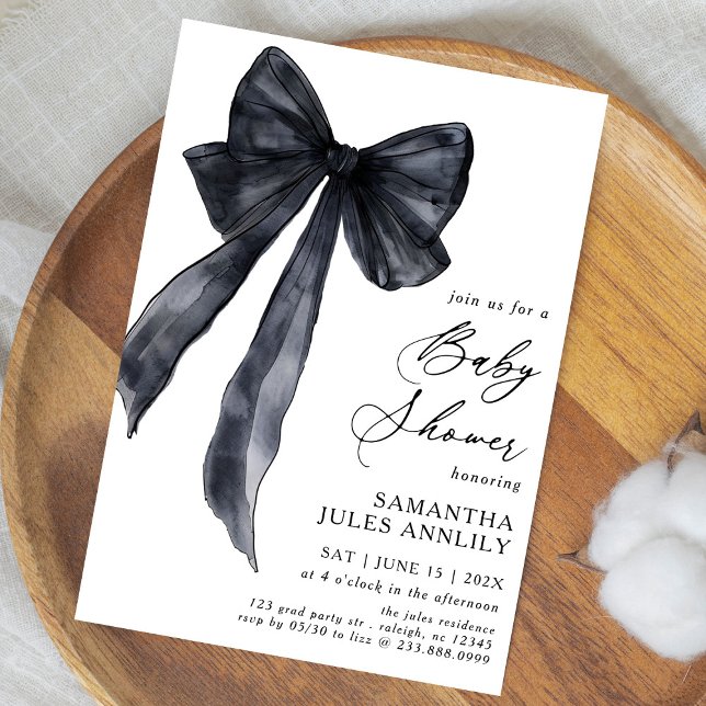 Invitación Baby Shower moderno de moda Black Bow (Subido por el creador)