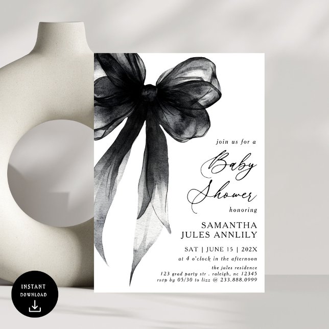 Invitación Baby Shower moderno de moda Black Bow (Subido por el creador)