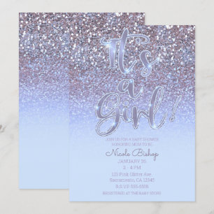 Invitación Baby Shower Moderno de Niña con Brillo Plateado y