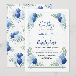 Invitación Baby Shower Moderno de Niño Eucalipto Azul Globo