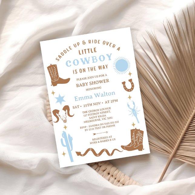 Invitación Baby Shower moderno de Rodeo Marrón Azul Rodeo Cow (Little Cowboy Baby Shower Invitation, Blue Brown Western Baby Shower Invitation Boy Western Southern)