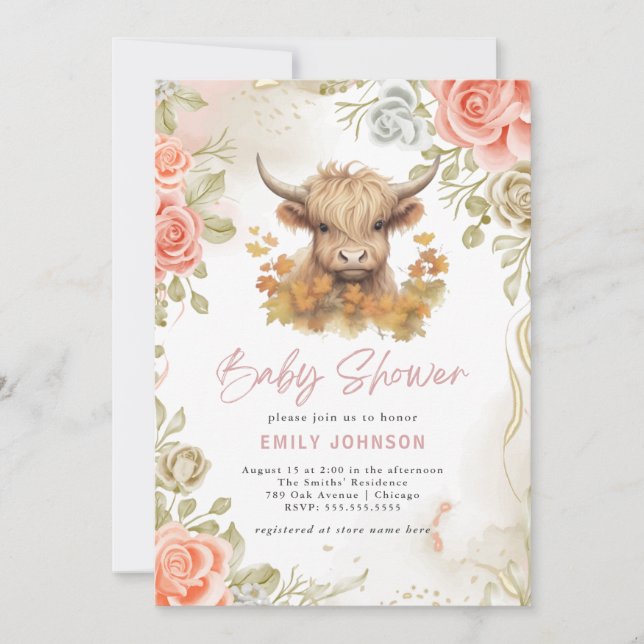 Invitación Baby Shower moderno de vaca Highland (Anverso)