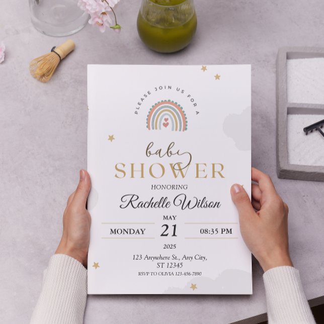 Invitación Baby Shower moderno del arco iris del Boho (Subido por el creador)