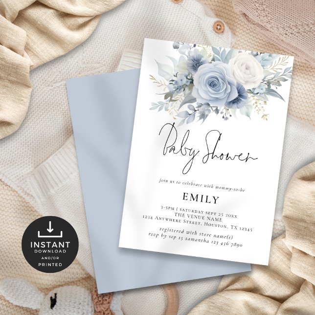 Invitación Baby Shower moderno Dusty Blue Florals (Front and back view)