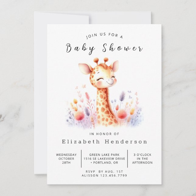 Invitación Baby Shower moderno editable de jirafa (Anverso)
