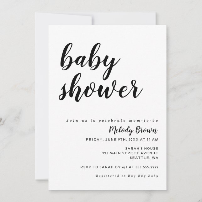 Invitación Baby Shower moderno en blanco y negro (Anverso)