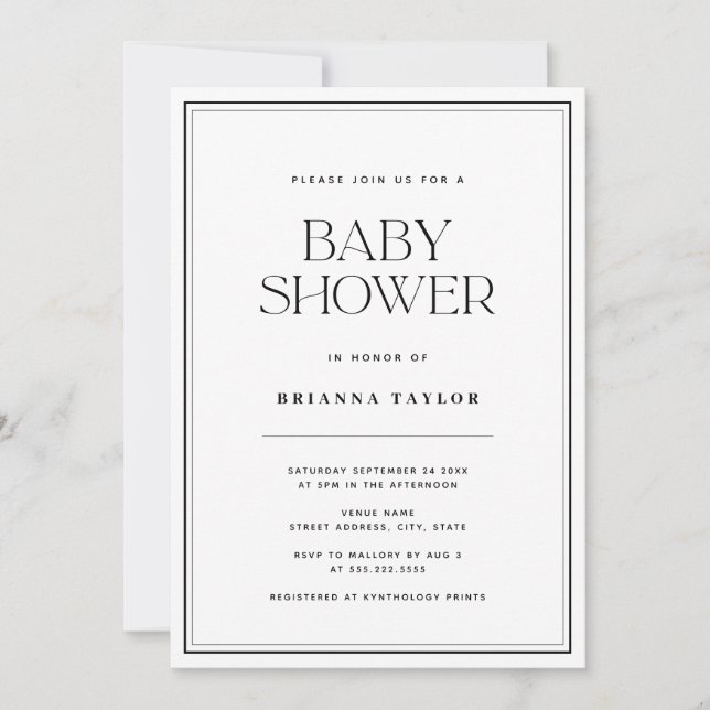 Invitación Baby Shower moderno en blanco y negro (Anverso)