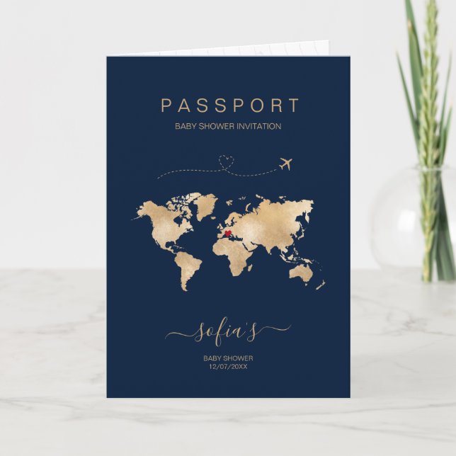Invitación Baby Shower moderno en el mapa mundial de Passport (Anverso)