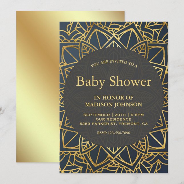 Invitación Baby Shower moderno Faux Gold Mandala (Anverso / Reverso)