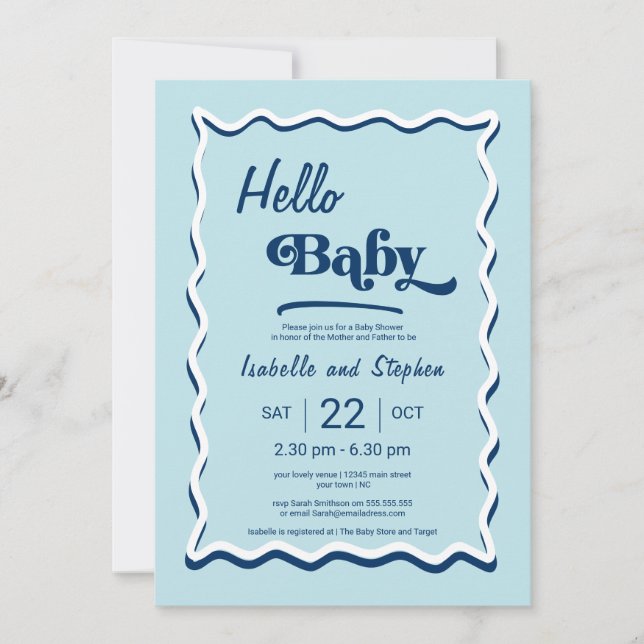 Invitación Baby Shower moderno Hello Baby Blue (Anverso)