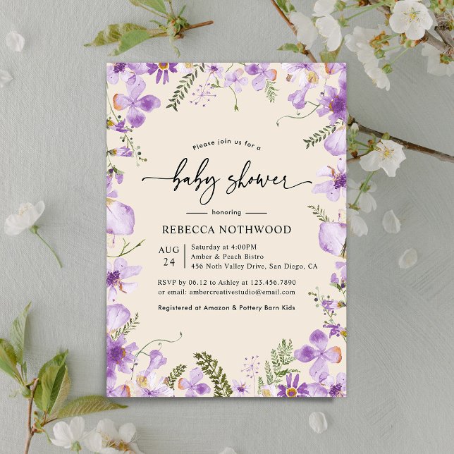 Invitación Baby Shower moderno Lilac Mauve Florals (Subido por el creador)