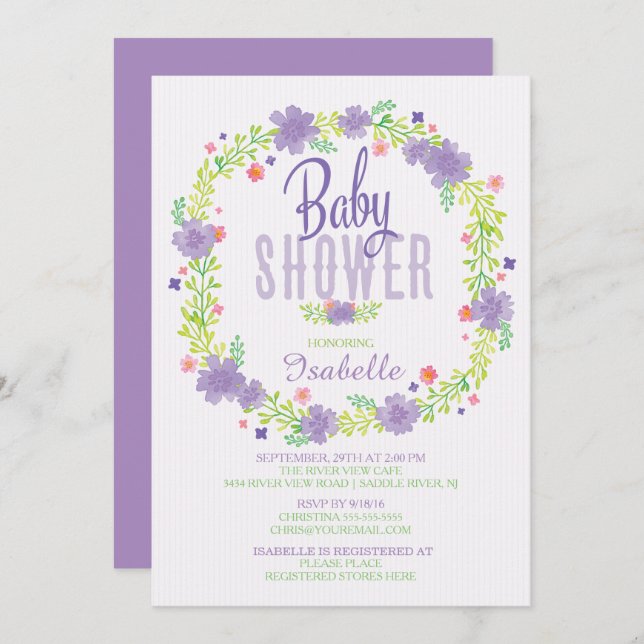 Invitación Baby Shower moderno morado rosado floral floral mo (Anverso / Reverso)