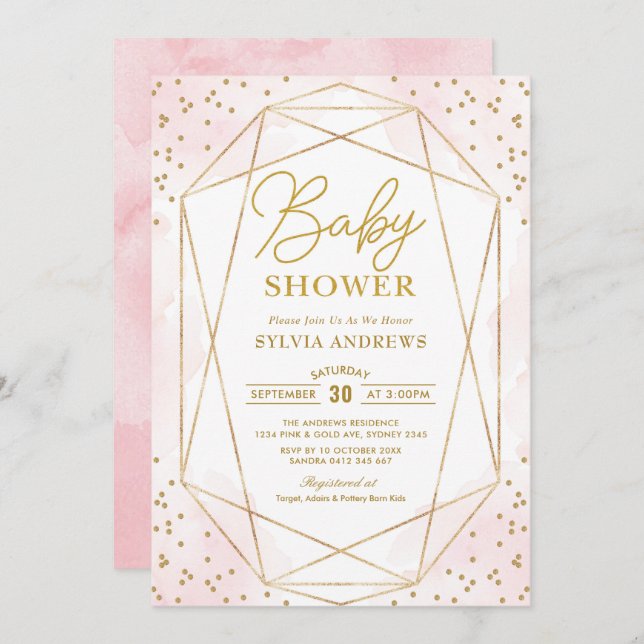 Invitación Baby Shower moderno Rubor Gold Geometric Confetti (Anverso / Reverso)
