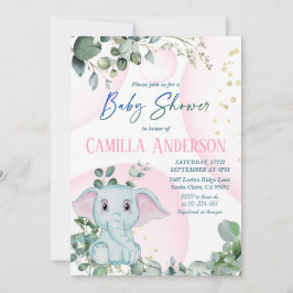 Invitación Baby Shower moderno Rubor Pink Elephant Greenery