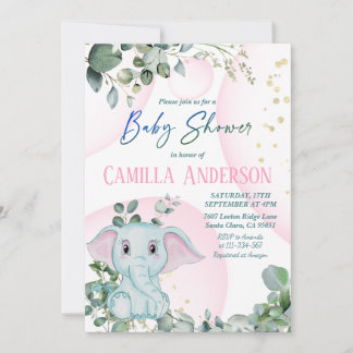 Invitación Baby Shower moderno Rubor Pink Elephant Greenery