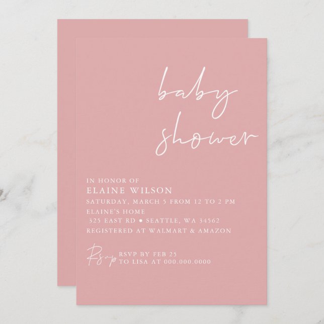 Invitación Baby Shower moderno simple rosa y elegante (Anverso / Reverso)