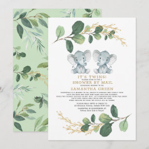 Invitación Baby Shower Moderno Twin Elephant Greeneration Por