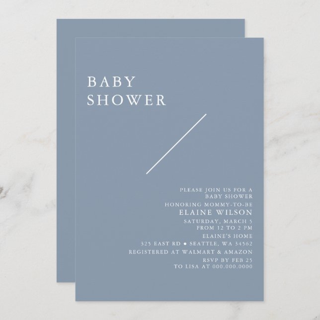 Invitación Baby Shower moderno y elegante de color azul (Anverso / Reverso)