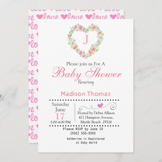Invitación Baby Shower Monograma Corazón Wreath (Anverso / Reverso)