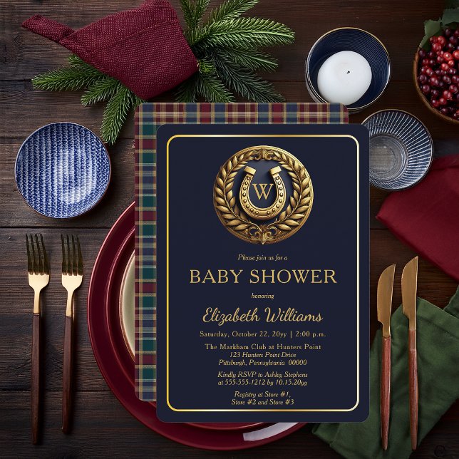 Invitación Baby Shower monograma precoz con manto de herradur (Equestrian Emblem Monogram Preppy Navy Blue and Plaid Boy Baby Shower Invitation - Print | Digital)