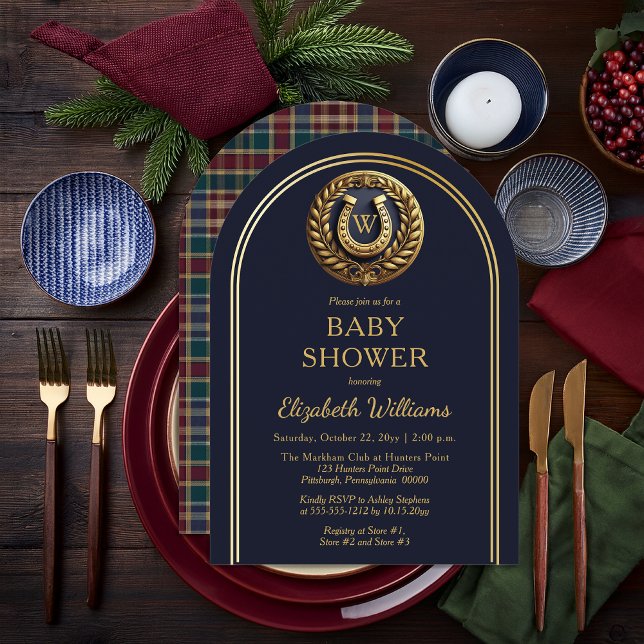 Invitación Baby Shower monograma precoz con manto de herradur (Equestrian Emblem Monogram Preppy Navy Blue and Plaid Boy Baby Shower Arched Invitation )