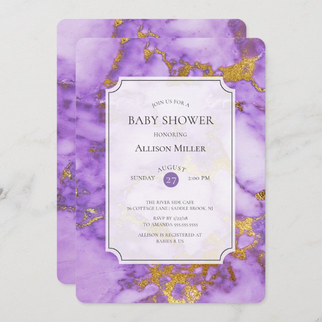 Invitación Baby Shower morada y dorada (Anverso / Reverso)