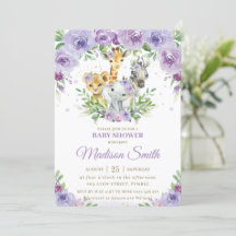 Baby Shower morado de flor morado en Safari animal