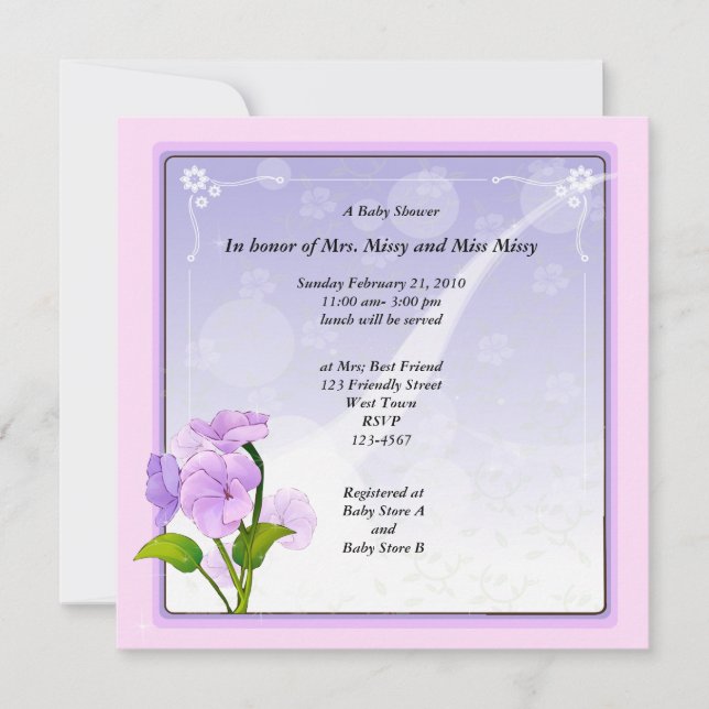Invitación Baby Shower morado de flores (Anverso)