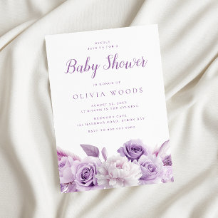 Invitación Baby Shower morado de lavanda y rosas blancas