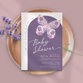 Invitación Baby Shower morado de mariposa floral rosa