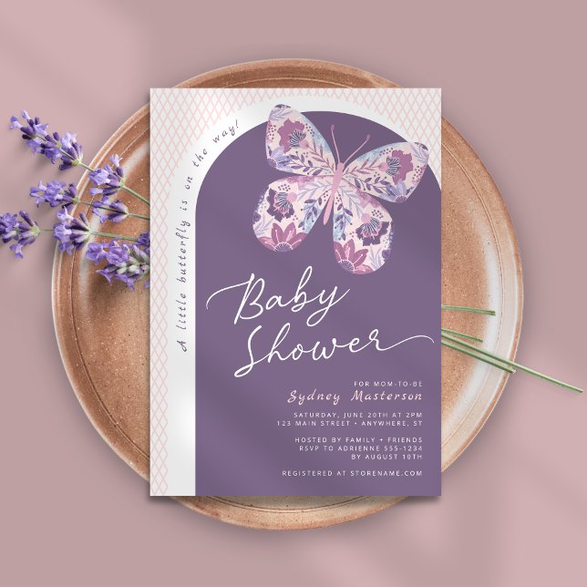 Invitación Baby Shower morado de mariposa floral rosa (Shown on a 5" x 7" card)
