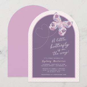 Invitación Baby Shower morado de mariposa floral rosa