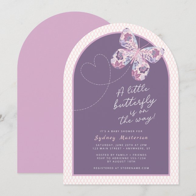 Invitación Baby Shower morado de mariposa floral rosa (Anverso / Reverso)