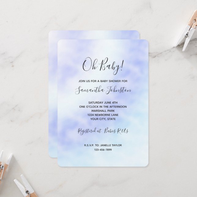Invitación Baby Shower morado de tinta azul de Aqua White (Anverso/Reverso In Situ)