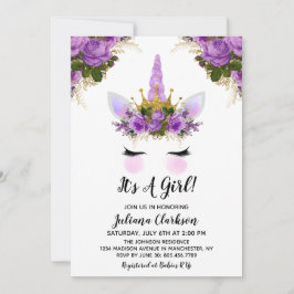 Invitación Baby Shower morado floral de unicornio