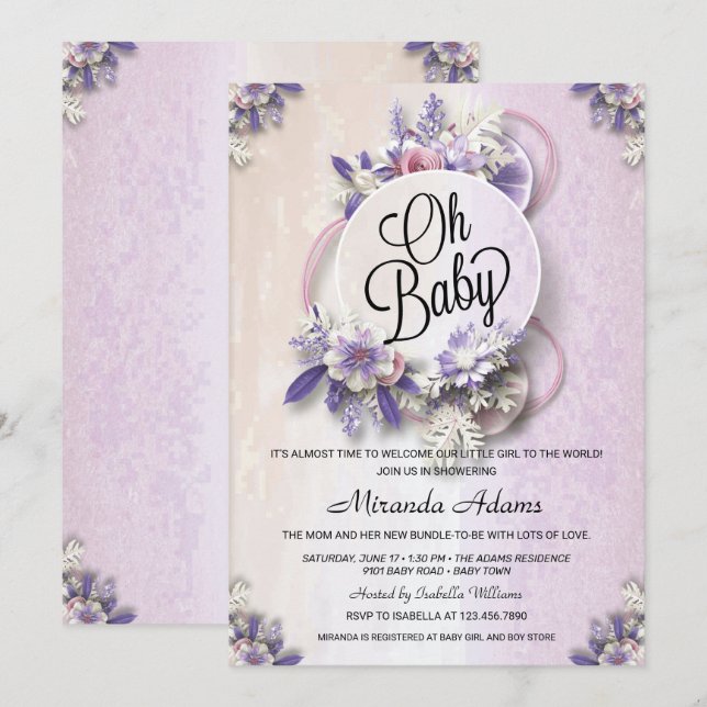 Invitación Baby Shower morado floral moderno (Anverso / Reverso)