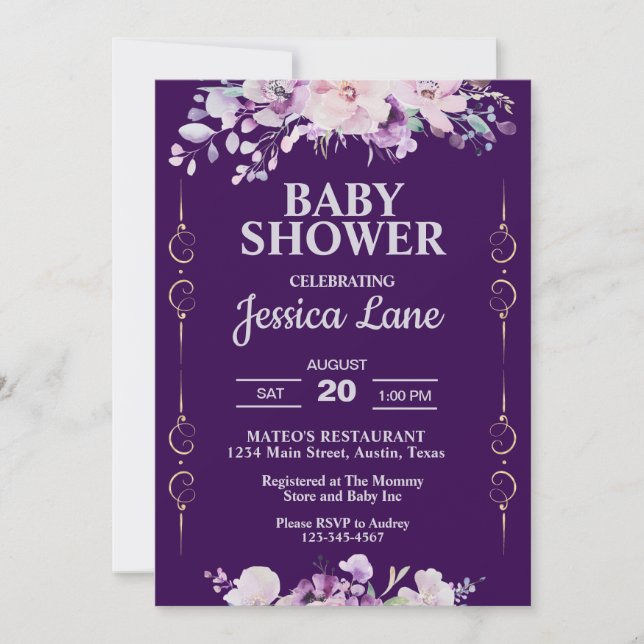 Invitación Baby Shower morado oscuro con flores (Anverso)