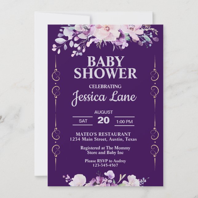 Invitación Baby Shower morado oscuro con flores (Anverso)