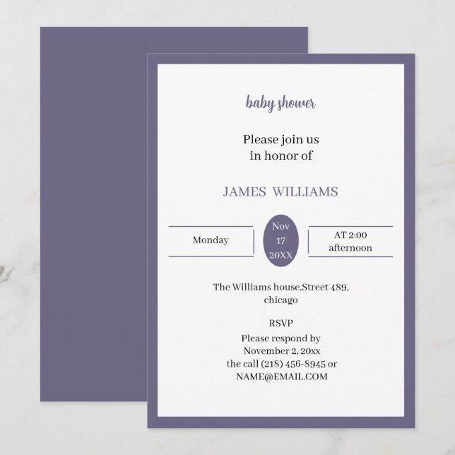 Invitación Baby Shower morado personalizado (Anverso / Reverso)