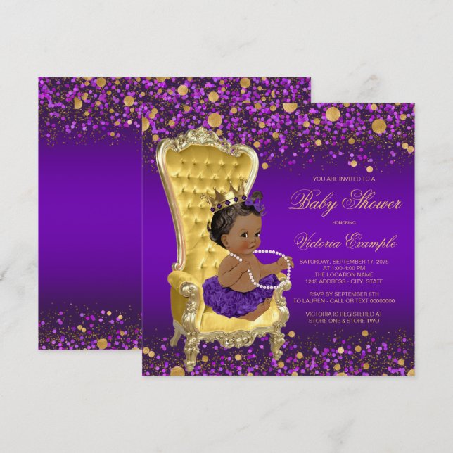 Invitación Baby Shower morado presidente de la etnia dorada (Anverso / Reverso)