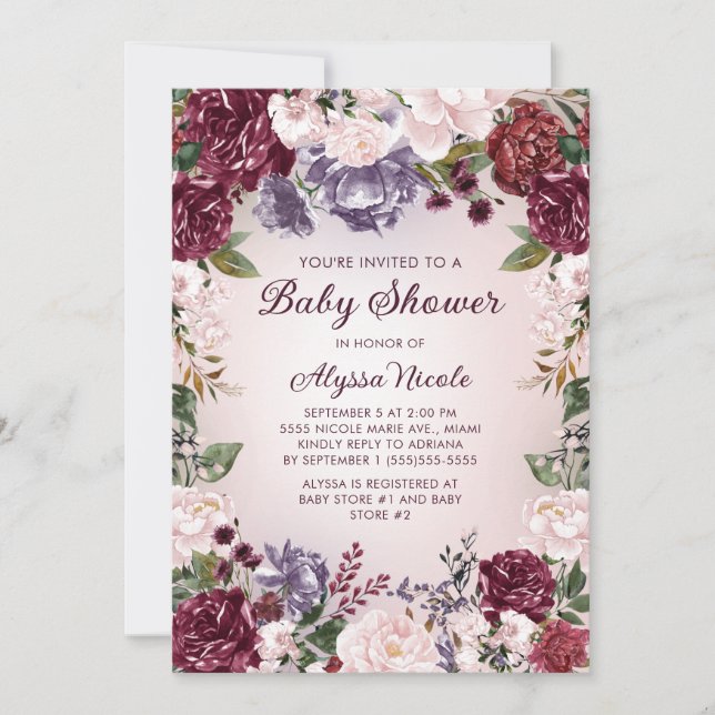Invitación Baby Shower morado rosa borgoñona floral (Anverso)