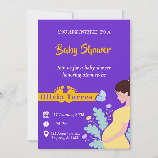 Invitación Baby Shower morado y amarillo, tema de la maternid (Anverso)