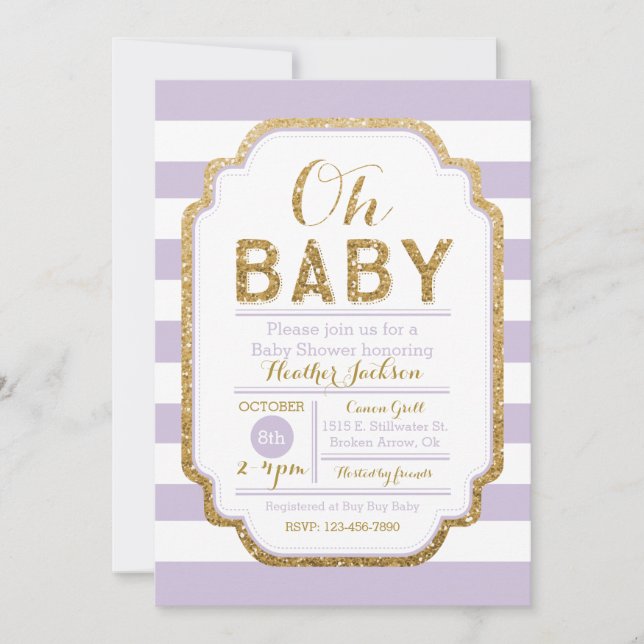 Invitación Baby Shower Morado Y Oro, Niña Bebé (Anverso)