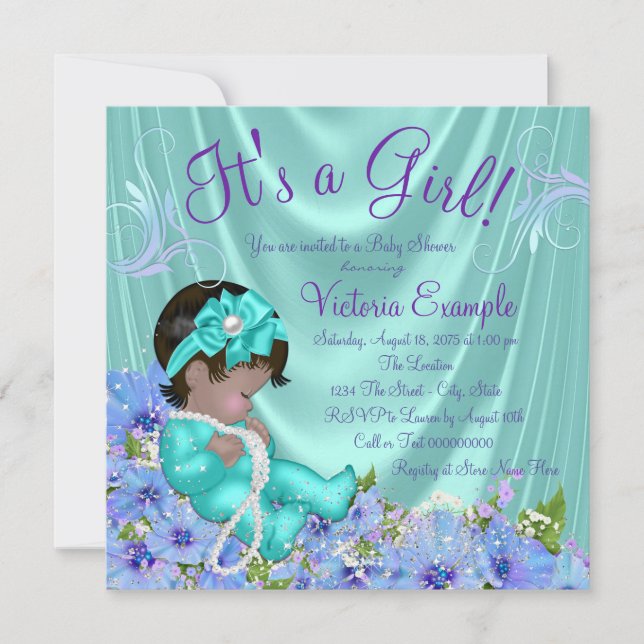 Invitación Baby Shower morado y Verde azulado floral azul (Anverso)