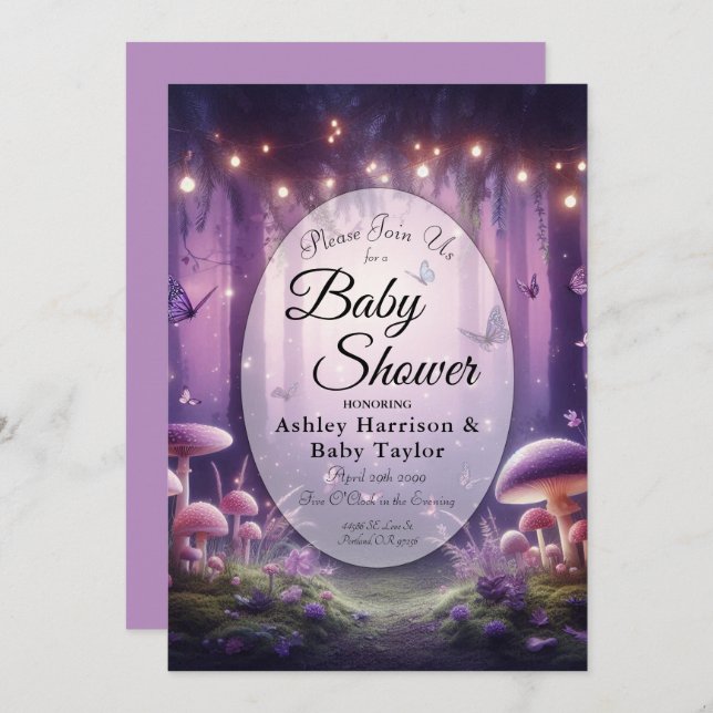 Invitación Baby Shower Morple Butterflies Starlit Skies (Anverso / Reverso)