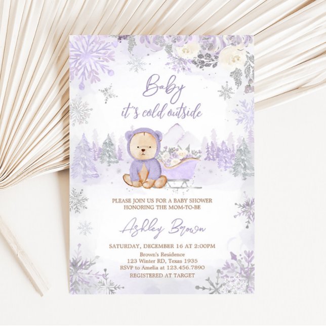 Invitación Baby Shower Morple Winter Bear (Purple Teddy Bear Baby Shower Invitation)