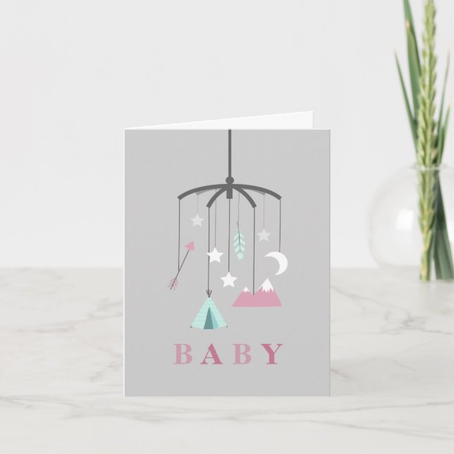 Invitación Baby Shower móvil bohemio - Rosa (Anverso)